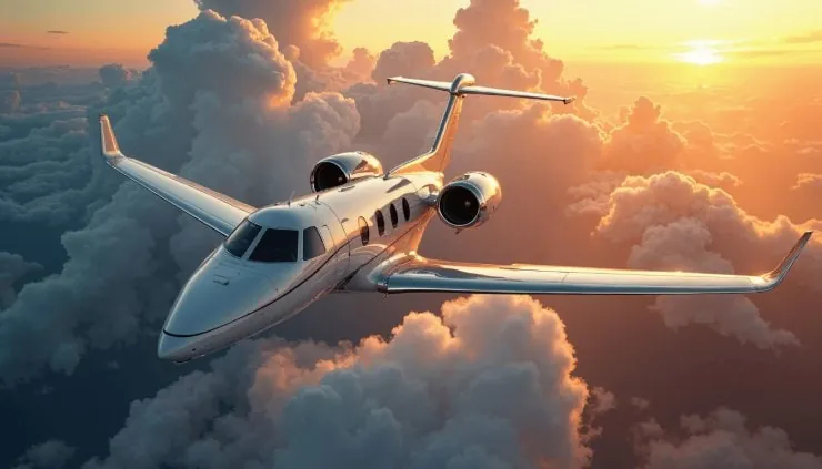 Private jet above the clouds at sunset, private jet charter from London